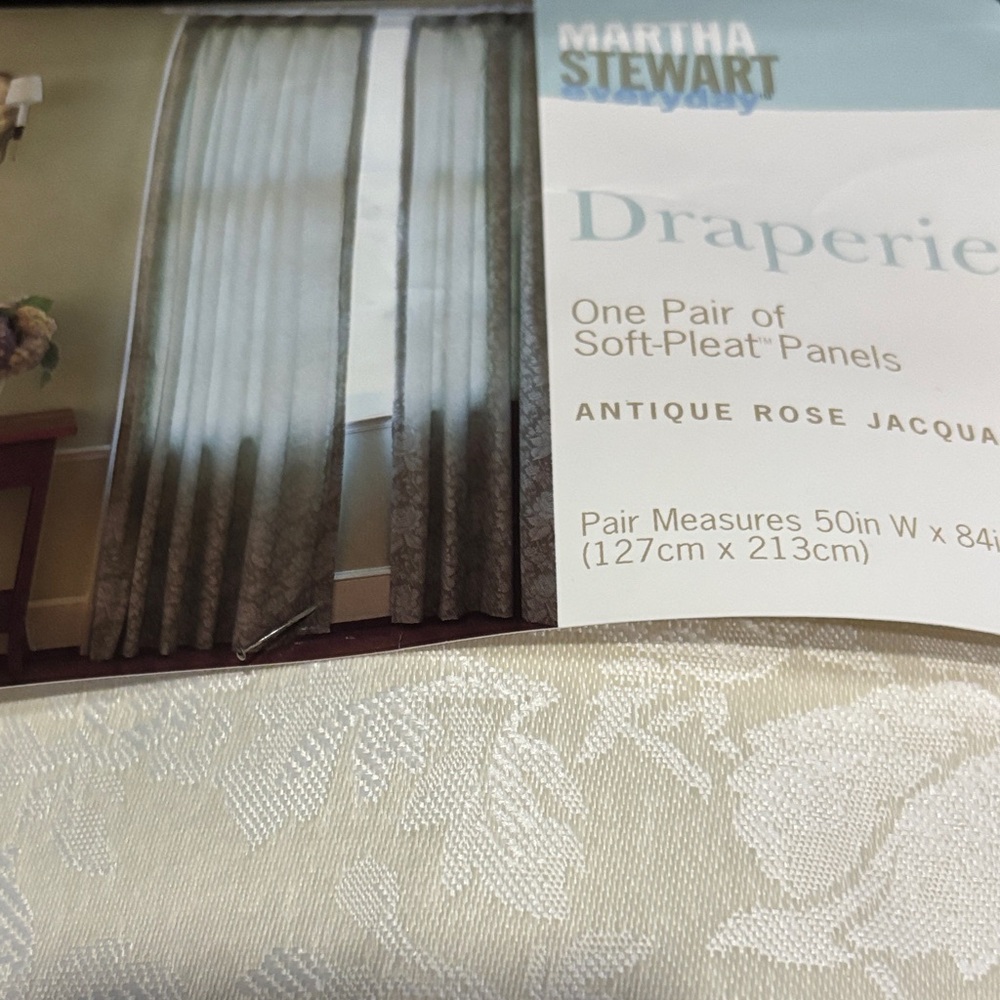 Draperies one pair new soft pleat panels 50”w x 84” L Martha Stewart jacquard
